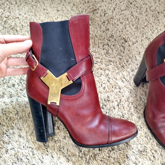 Yves Saint Laurent Red Leather Side Metal Logo Booties Sz 38/7 - Picture 4 of 8